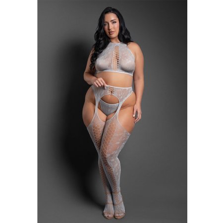 (image for) UNRAVEL ME Crotchless plunge halter teddy bodystocking in striped opaque and sheer knit (Dark Teal)