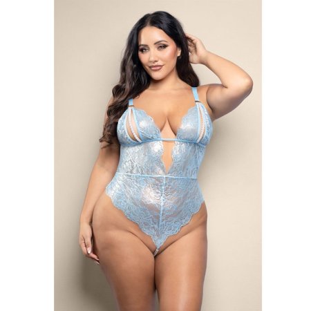 (image for) Teddy with split pearl string cups, cut-out back and pearl string crotch in metallic foil lace (Light blue)