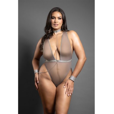 (image for) Crotchless plunge teddy in leatherette and mesh with chain-link choker detail and matching detachable