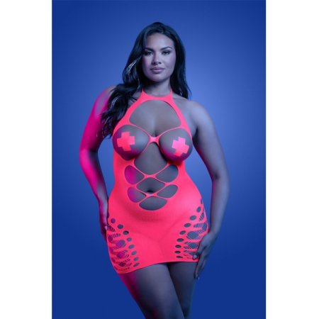 (image for) APHRODISIAC UV reactive open bodice halter dress and one pair of pasties (Neon Pink)