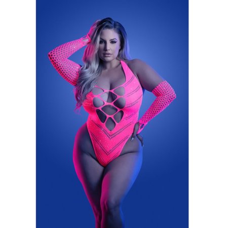 (image for) FLASHBACK UV reactive rhinestone fishnet teddy & matching gloves (or leg warmers) (Neon Pink)