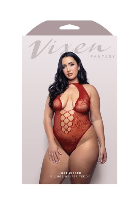 (image for) UST KISSED Halter tie plunge teddy in floral lace knit (Red)