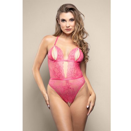 (image for) Crotchless teddy with split pearl string cups, cut-out back and adjustable pearl g-string in shimmer lace