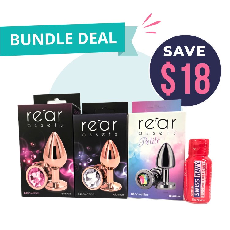 (image for) Rear Assets - Petite - Gunmetal/Rainbow + Rear Assets Rose Gold Small - Clear + Rear Assets Rose Gold Medium - Pink + Swiss Navy Premium Silicone 1oz