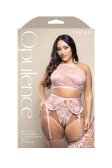 (image for) Pearl halter bralette, garter belt with detachable pearl accents and crotchless pearl g-string in iridescent lace