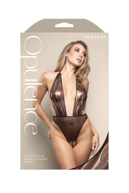 (image for) Crotchless halter teddy with plunge neckline, open pearl string back and adjustable pearl g-string in metallic foil mesh
