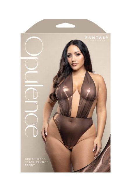 (image for) Crotchless halter teddy with plunge neckline, open pearl string back and adjustable pearl g-string in metallic foil mesh