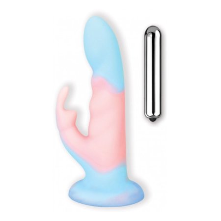 (image for) COTTON CANDY- Cotton Tail- Liquid Silicone Dildo with Rabbit Stimulator. 10-Speed Bullet. Gradient Color.