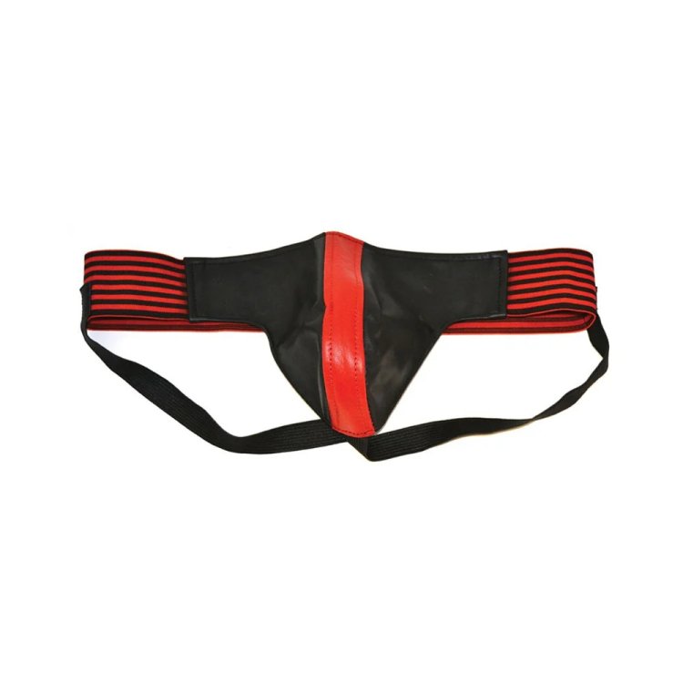 (image for) Leather Jock Strap With Stripe Black & Red Large