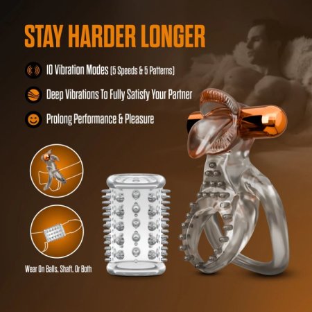(image for) Stay Hard - Vibrating Double Cock Ring Set with Sleeve
