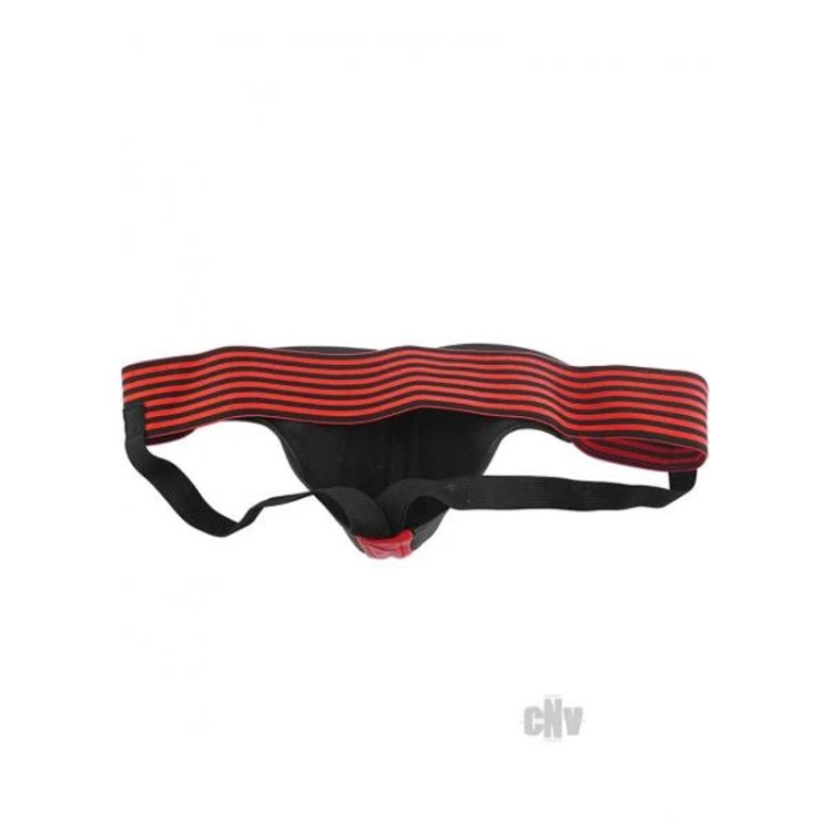 (image for) Leather Jock Strap With Stripe Black & Red Extra Large
