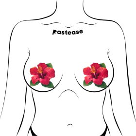 Tropical Vibrant Red Hawaiian Hibiscus Botanical Flower Breast Pasties