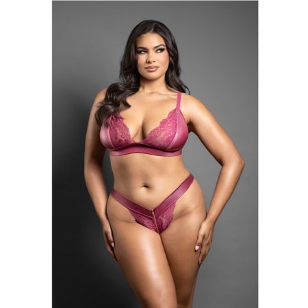 (image for) Bralette and panty in leatherette and lace with zipper details (Berry)