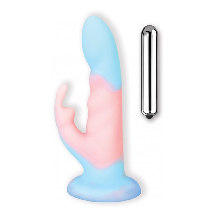 (image for) COTTON CANDY- Cotton Tail- Liquid Silicone Dildo with Rabbit Stimulator. 10-Speed Bullet. Gradient Color.