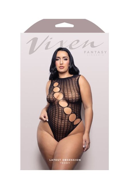 (image for) LATEST OBSESSION Teddy with diagonal rhinestone accent cut-outs in grid pattern knit (Black)