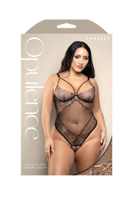 (image for) Crotchless teddy with pearl cage neckline and adjustable pearl g-string in rose gold embroidered mesh