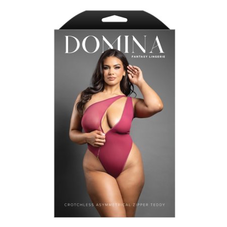 (image for) Crotchless one-shoulder mesh teddy with asymmetrical front zipper detail (Berry)