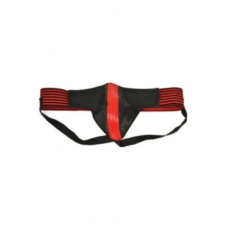 (image for) Leather Jock Strap With Stripe Black & Red Medium