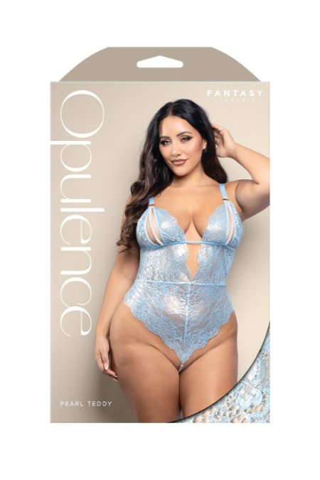 (image for) Teddy with split pearl string cups, cut-out back and pearl string crotch in metallic foil lace (Light blue)