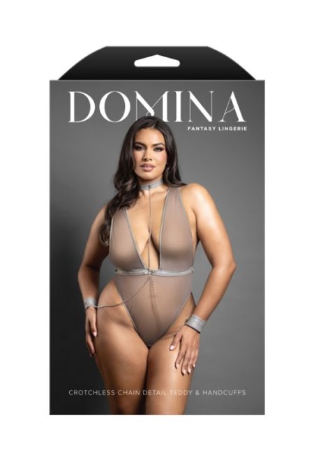 (image for) Crotchless plunge teddy in leatherette and mesh with chain-link choker detail and matching detachable