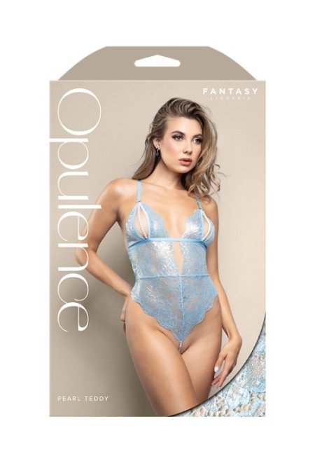 (image for) Teddy with split pearl string cups, cut-out back and pearl string crotch in metallic foil lace (Light blue)