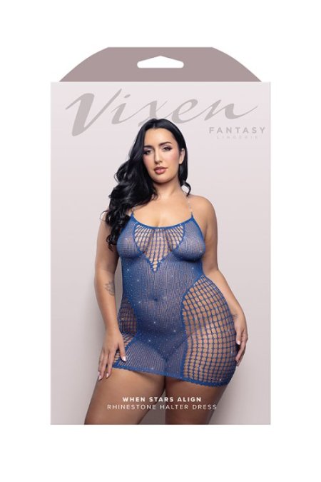 (image for) WHEN STARS ALIGN Rhinestone halter dress in opaque and grid rhinestone fishnet (Blue)