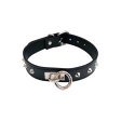 (image for) Leather Thin O-Ring Studded Collar with Detachable O-Ring Black