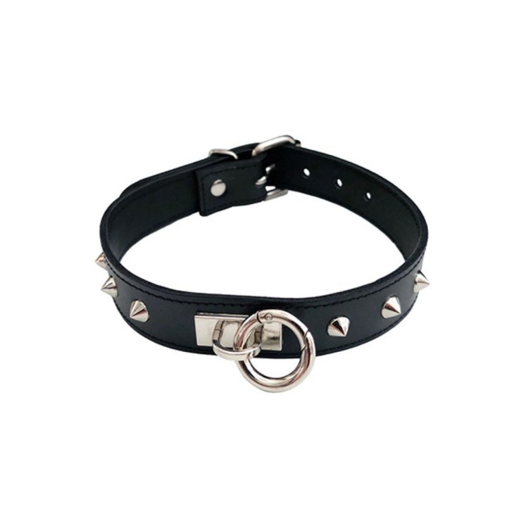 (image for) Leather Thin O-Ring Studded Collar with Detachable O-Ring Black