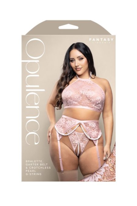 (image for) Pearl halter bralette, garter belt with detachable pearl accents and crotchless pearl g-string in iridescent lace