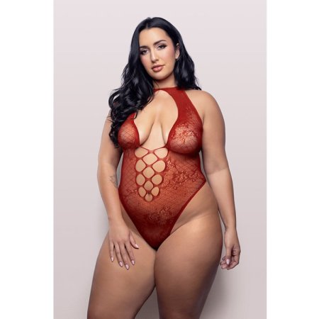(image for) UST KISSED Halter tie plunge teddy in floral lace knit (Red)