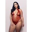 (image for) UST KISSED Halter tie plunge teddy in floral lace knit (Red)