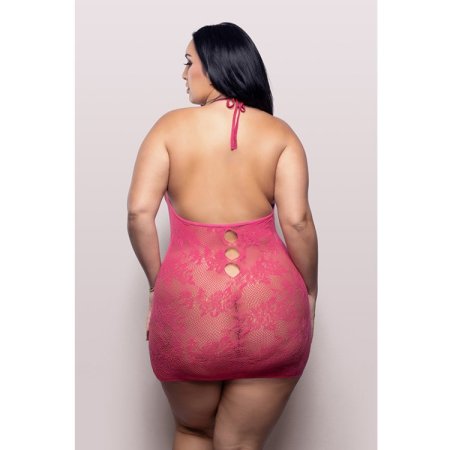 (image for) CALL ME BABY Criss-cross halter tie dress with pearl rivet details in lace knit (Hot Pink)