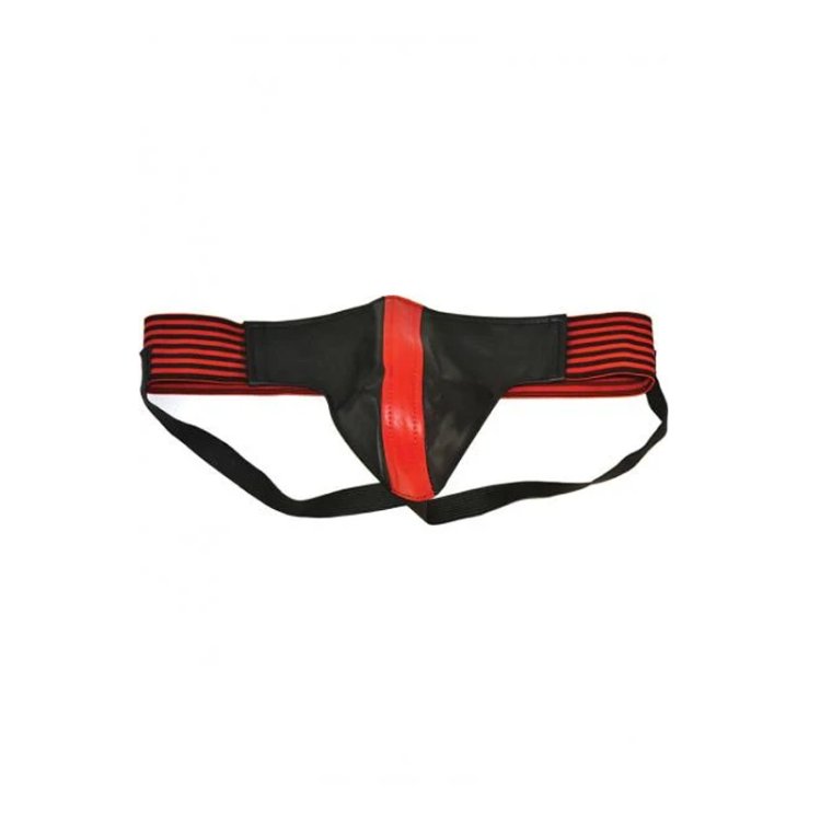 (image for) Leather Jock Strap With Stripe Black & Red Medium