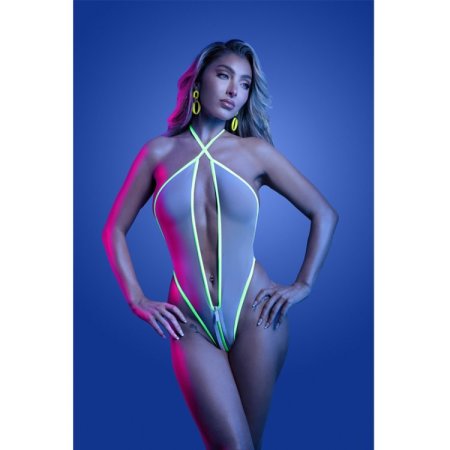 (image for) SUPERNATURAL Glow-in-the-dark plunge zipper teddy with halter ties (White)