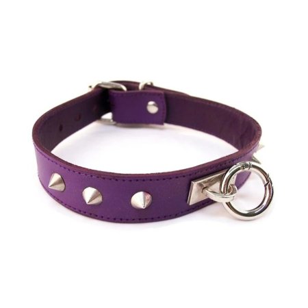 (image for) Leather Thin O-Ring Studded Collar with Detachable O-Ring Purple