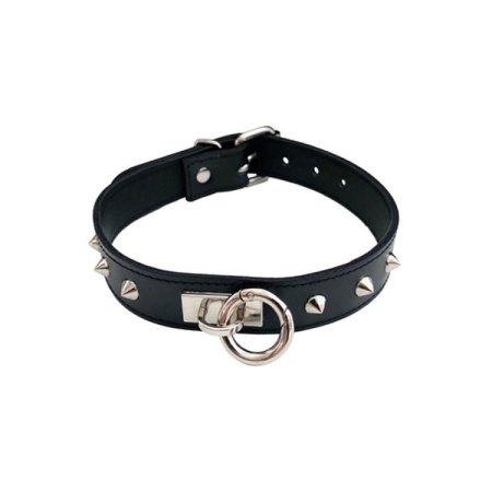 (image for) Leather Thin O-Ring Studded Collar with Detachable O-Ring Black