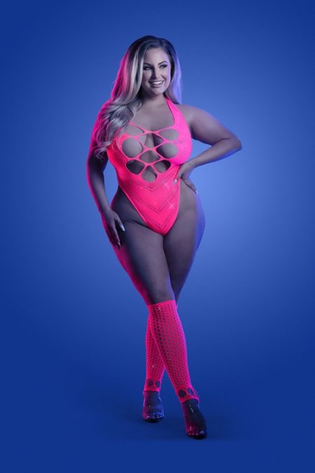(image for) FLASHBACK UV reactive rhinestone fishnet teddy & matching gloves (or leg warmers) (Neon Pink)