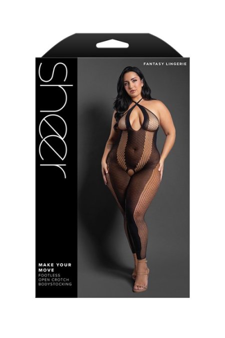 (image for) MAKE YOUR MOVE Footless open crotch halter bodystocking in striped opaque knit and fishnet (Black)