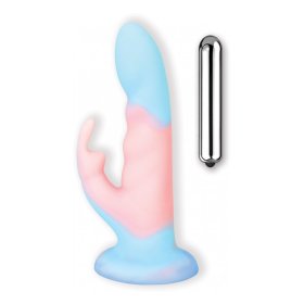 COTTON CANDY- Cotton Tail- Liquid Silicone Dildo with Rabbit Stimulator. 10-Speed Bullet. Gradient Color.