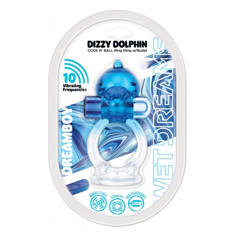 (image for) WET DREAMS - DREAM BOY - DIZZY DOLPHIN JELLY COCK & BALL SLING 10 FREQ BULLET GRADIENT COLOR BLUE