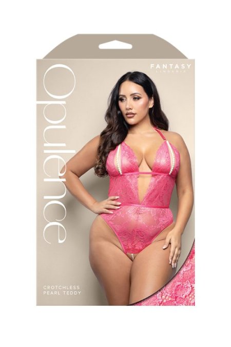 (image for) Crotchless teddy with split pearl string cups, cut-out back and adjustable pearl g-string in shimmer lace