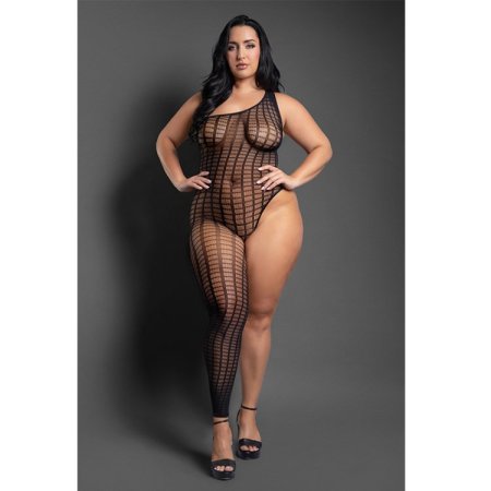 (image for) KILLIN' IT Asymmetrical footless bodystocking in grid pattern knit (Black)