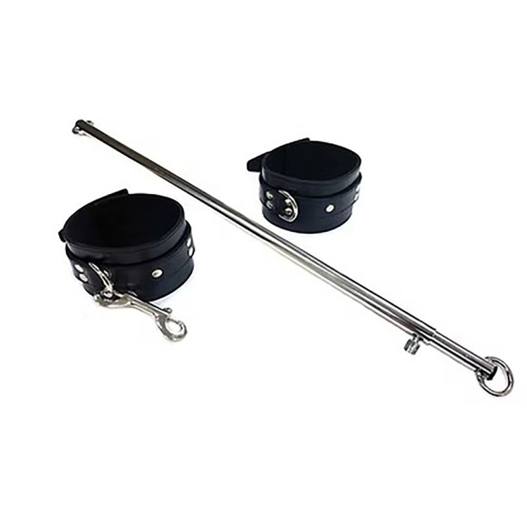 (image for) Adjustable Stainless Steel Leg Spreader Bar with Black Leather Cuffs