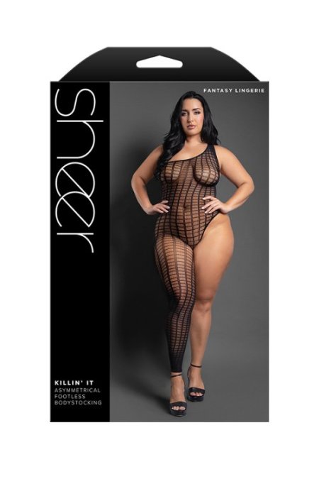 (image for) KILLIN' IT Asymmetrical footless bodystocking in grid pattern knit (Black)
