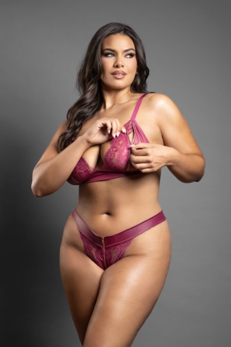(image for) Bralette and panty in leatherette and lace with zipper details (Berry)