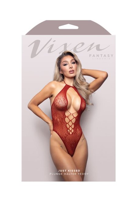 (image for) UST KISSED Halter tie plunge teddy in floral lace knit (Red)