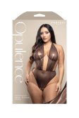 (image for) Crotchless halter teddy with plunge neckline, open pearl string back and adjustable pearl g-string in metallic foil mesh