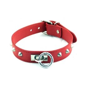 Leather Thin O-Ring Studded Collar with Detachable O-Ring Red