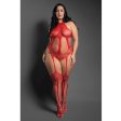 (image for) STRIPPED DOWN Halter teddy bodystocking with cut-out back in striped lace knit and fishnet (Red)
