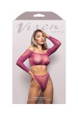 (image for) O/S - YOUR DESIRE Off-the-shoulder long sleeve top & panty in scalloped lace knit and fishnet (Magenta)